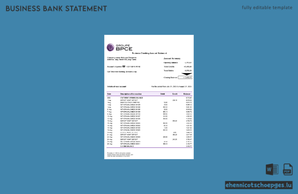 Beispiel eines Kontoauszugs der Groupe BPCE im Word- und PDF-Format
